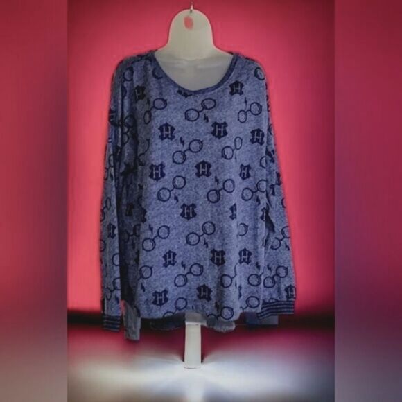 HARRY POTTER  LOUNGE SET WIZARDING WORLD LOGO KNIT Blue/Gray  Cozy  2-Piece - Picture 3 of 12